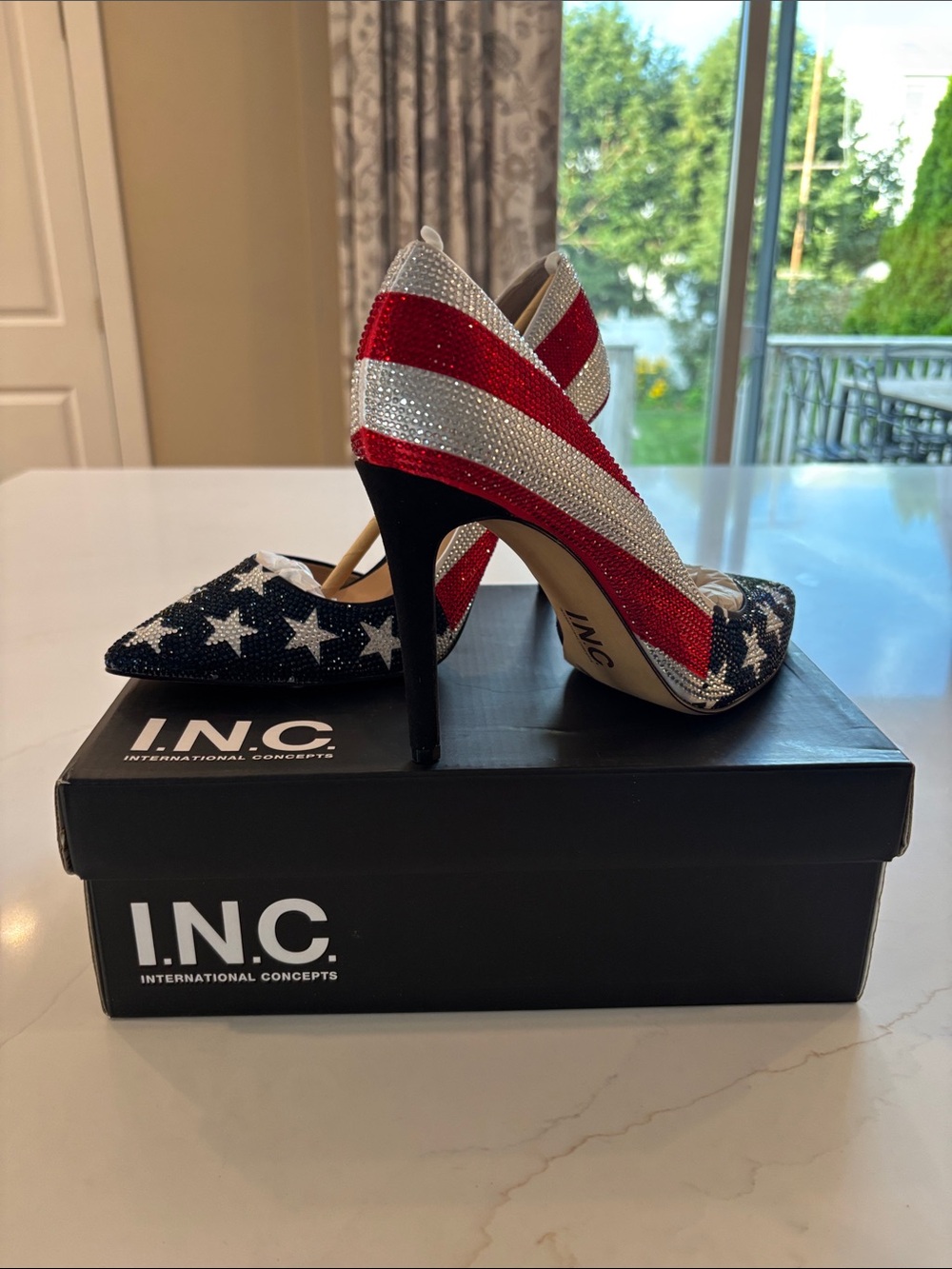 INC International Concepts Red White and Blue Rhinestone Star-Striped Pumps 250 - Picture 6 of 12